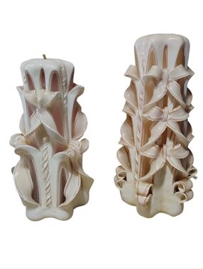 Hand Carved Ribbon Pillar Candles  KK